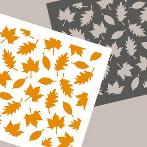 Puede incluir: Dos hojas de papel superpuestas con un patrón de hojas naranjas y grises. La hoja superior tiene un patrón de hojas grises sobre un fondo blanco. La hoja inferior tiene un patrón de hojas naranjas sobre un fondo blanco. El texto "Joyous Times" está escrito en negro en la parte inferior de la imagen.