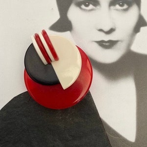 Art Deco Antique Bakelite Galalith Black & White with Red Geometric Modernist style brooch