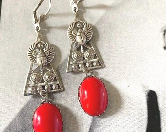 Art Deco Scarab Earrings: Red Cabochon Egyptian Revival Style