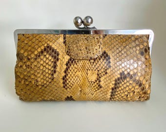 Antique Art Deco Modernist Chrome & Python Leather snakeskin Clutch handbag purse