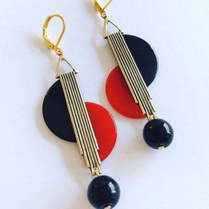 Art deco Vintage geometric black  & red bakelite modernist Earrings