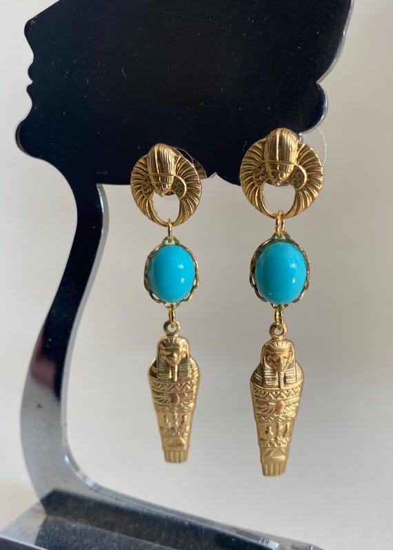 Art Deco Egyptian Revival Earrings: Scarab Pharaoh, 1920s