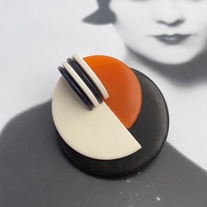 Art Deco Vintage Black & White with Orange  Bakelite Galalith Geometric Modernist brooch