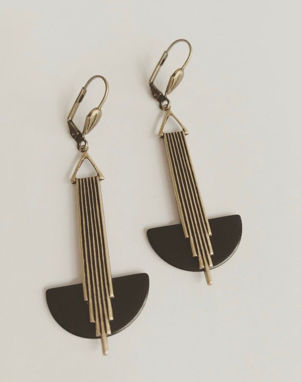 Art Deco Earrings Black Phenolic Bakelite & Gold Etsy