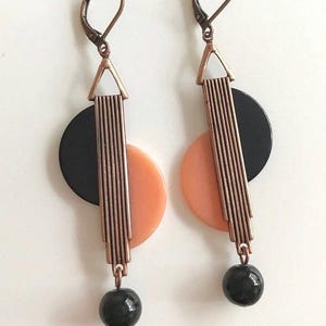 Vintage Art Deco Earrings: Black Coral Bakelite, Rose Gold Finish