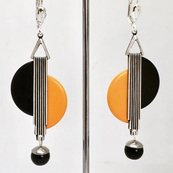 Art deco earrings Vintage Art Deco Yellow & black bakelite chrome earrings modernist jazz age modernist earrings