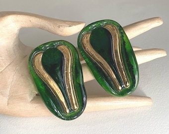 Antique Art Nouveau Bohemian Art Glass green & gold Dress clips brooches