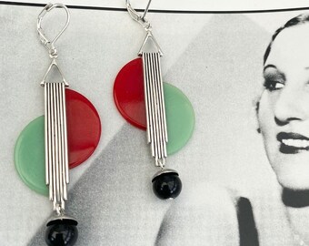 Art deco earrings Vintage Eau de Nil , Red  & Black bakelite earrings Geometric 1930s drop Statement  modernist earrings