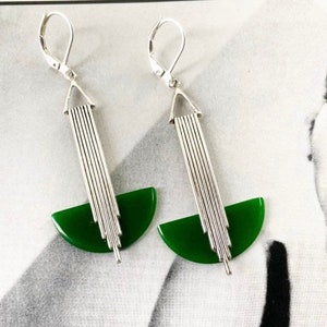 Art Deco earrings Vivid  Racing Green galalith &#39;Odeonesque&#39; Geometric  jazz age modernist bakelite earrings