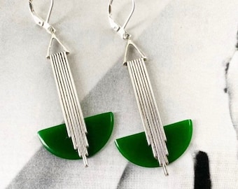 Art Deco earrings Vivid  Racing Green galalith 'Odeonesque' Geometric  jazz age modernist bakelite earrings