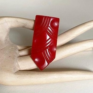 Art Deco  Antique bright Red Phenolic Bakelite dress clip Modernist brooch