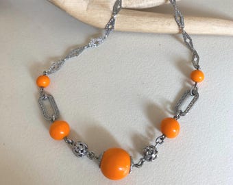Art Deco Orange Glass Necklace: Modernist Chrome Geometric Jewelry
