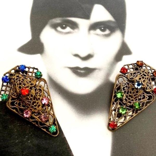 Antique Art Deco Pair of Rainbow Czech glass paste & Filigree Dress clips