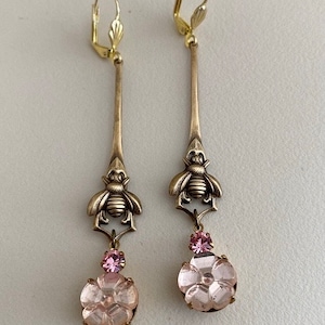 Art Deco 1920s Bohemian style Bees with pastel pink crystal long  earrings flapper