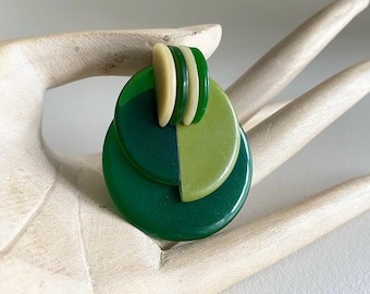Art Deco Vintage shades of Green Bakelite & Galalith Geometric brooch