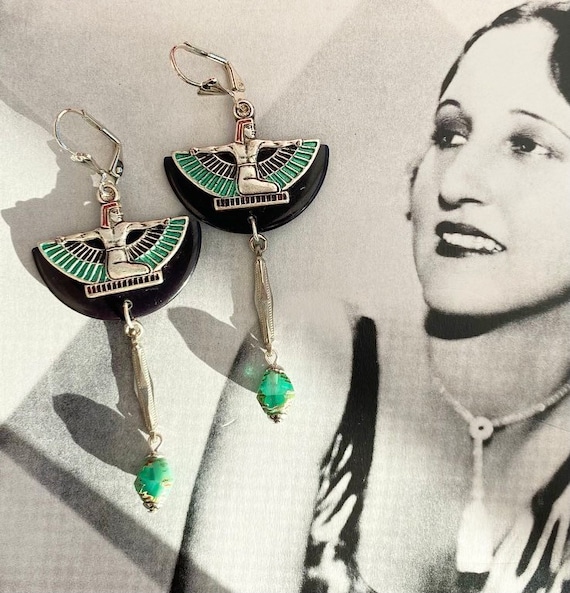 Vintage Art Deco Earrings: Black Bakelite, Green Czech Glass, Egyptian Revival