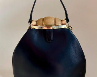 Antique Art Deco 1940s Gold tone & Navy blue small leather handbag