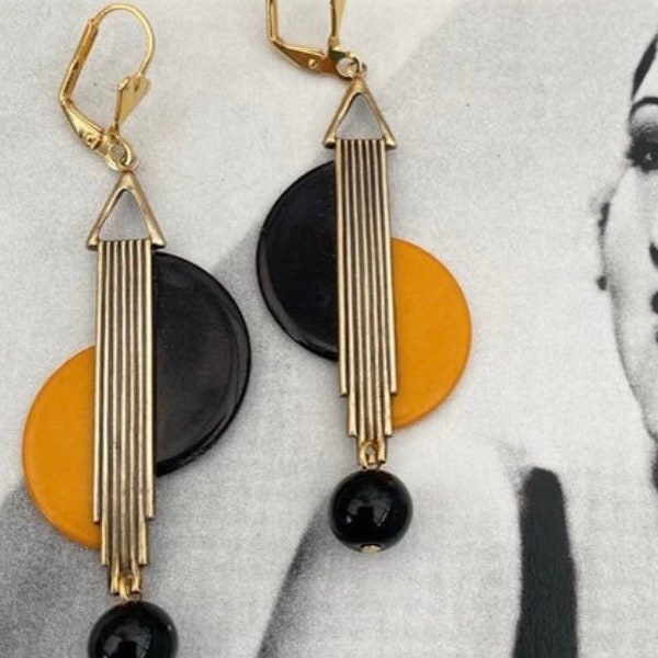 Boucles d'oreilles art déco vintage Bananadance Boucles d'oreilles jaunes et noires en bakélite Boucles d'oreilles géométriques Boucles d'oreilles modernistes en bakélite