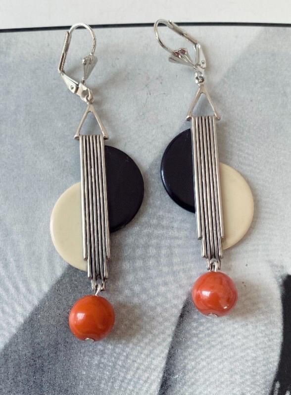 Boucles D'Oreilles Vintage Bakélite Laminé Jaune/Orange Art Déco - Occasion