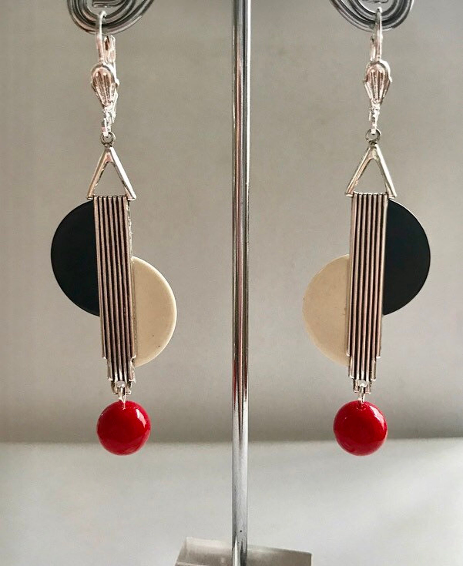 Art Deco Earrings Vintage Art Deco Geometric Ivory Black & Etsy