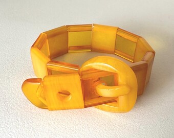Antique Art Deco Butterscotch Bakelite Buckle stretch panel Bracelet vintage