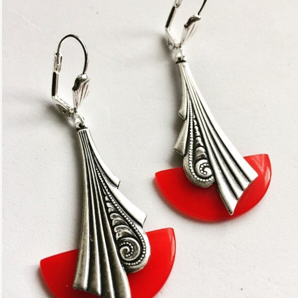 Art deco earrings Vintage Art Deco cherry red bakelite silver plated Geometric 'fan' earrings jazz age modernist  bakelite earrings