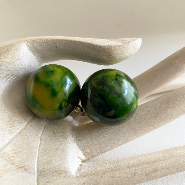 Art Deco Earrings Large Vintage 1940s  Vivid Green End of day Marbled bakelite Ball shaped Clip -on modernist vintage earrings