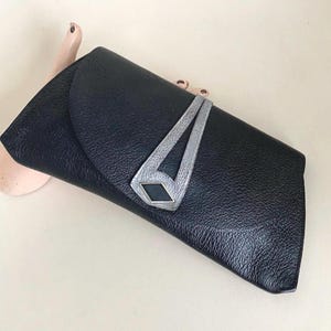 Art Deco 1920s Clutch: Black & Silver Leather Celluloid Bag