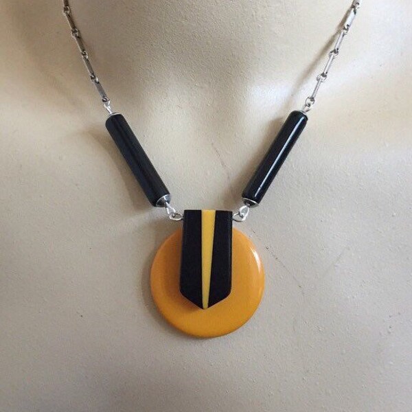 Art deco necklace Bakelite necklace Vintage Art Deco Black & Yellow Bakelite geometric statement necklace modernist