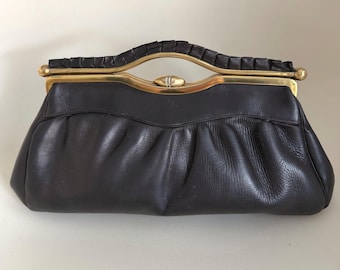 Art Deco Dark Brown leather Antique Clutch purse handbag with frilled  frame