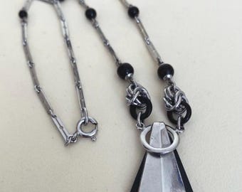 Art Deco Black Galalith & Chrome Necklace Modernist Jewellery