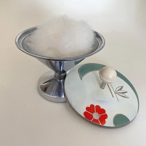 Art Deco Chrome Geometric powder bowl with Mirror &  Swansdown powder puff