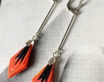 Art deco earrings Vintage Geometric Orange Tango glass 1930s style drop earrings