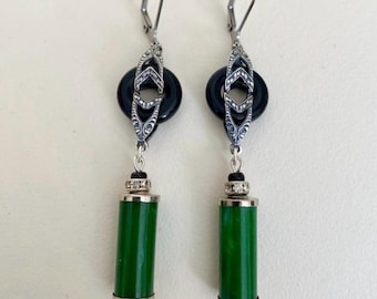 Vintage Geometric Jade Green Lucite & Black glass drop handmade earrings