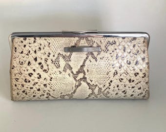 Art Deco Antique Clutch handbag chrome & Cream leather snakeskin pattern purse
