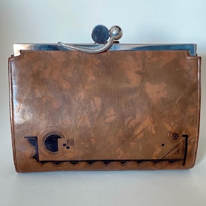 Antique Art Deco Chrome Leather Clutch: 1930s Geometric Handbag