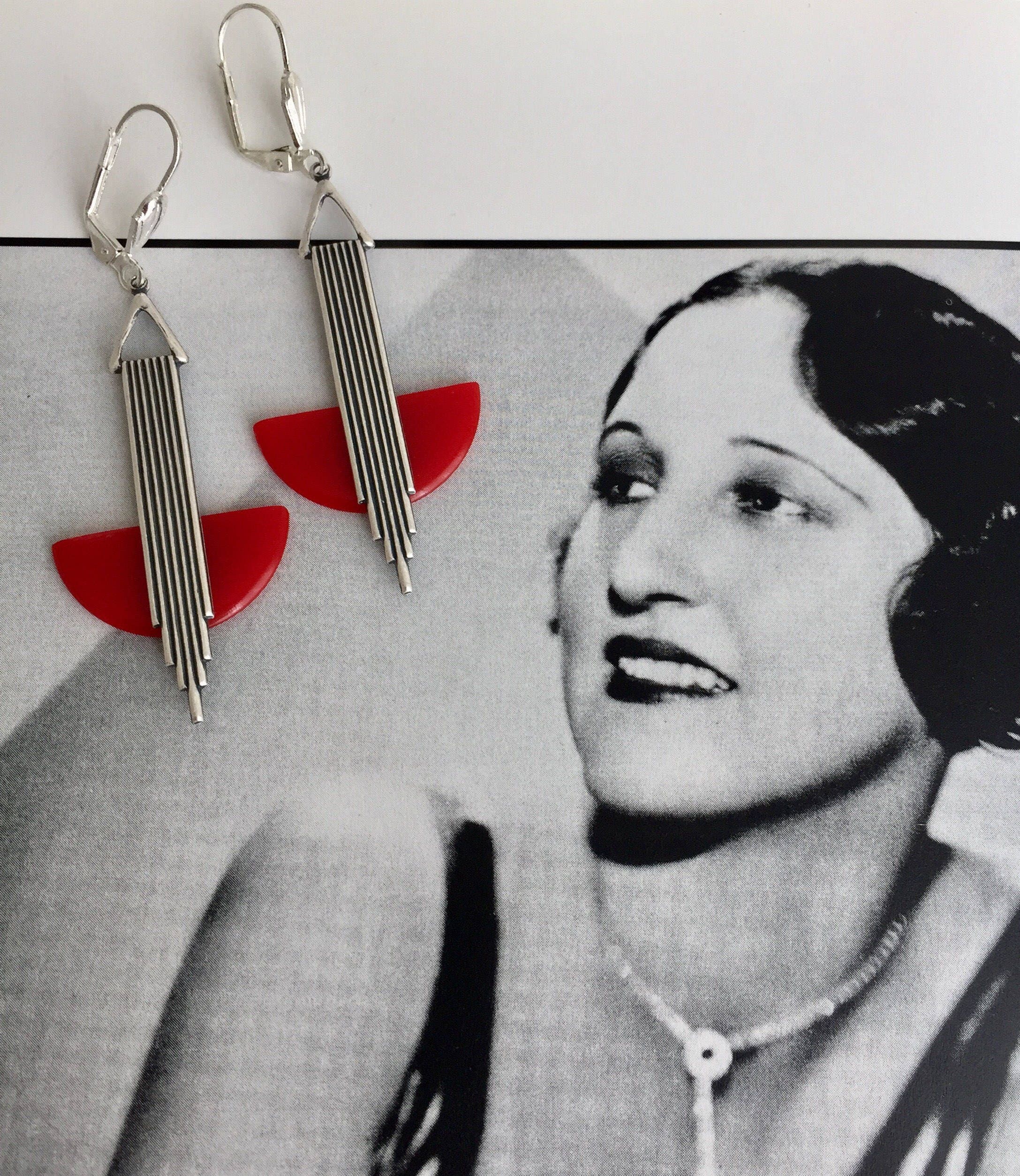 Art Deco earrings Vintage Cherry Red bakelite & silver plated Etsy