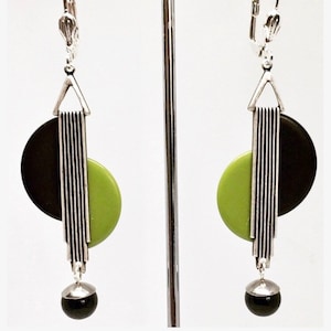 Art deco earrings Vintage Art Deco Olive Green & black bakelite chrome earrings modernist jazz age bakelite earrings