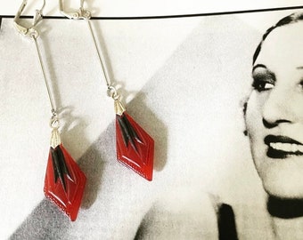 Art deco earrings Vintage Geometric Red glass 1930s style drop earrings