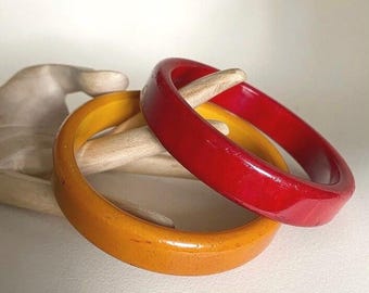 Antique Art Deco matching pair of Red & Yellow Bakelite Phenolic Bakelite bangles Duo