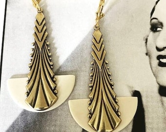 Vintage Art Deco Statement Earrings: Cream Galalith & Gold Tone Fan Drop