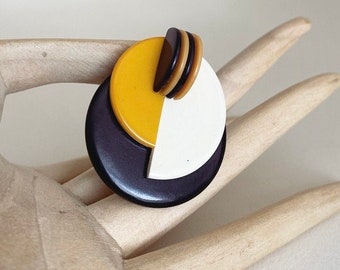 Art Deco Vintage Black with Yellow  Bakelite & Galalith Geometric Modernist brooch