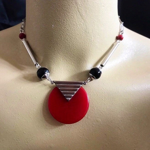 Art deco necklace Vintage Art Cherry Red phenolic Bakelite geometric Bengel style necklace modernist bakelite necklace