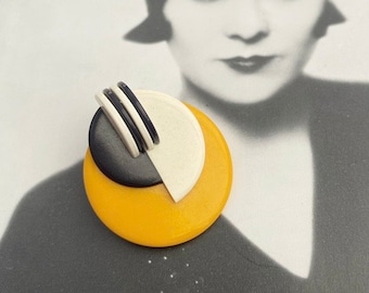 Art Deco Vintage Black & White with Yellow  Bakelite Galalith Geometric Modernist brooch