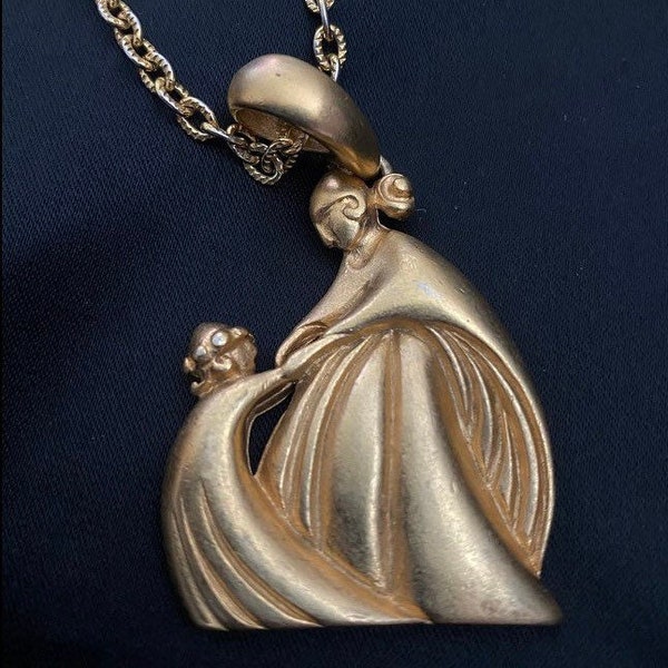 Art Deco style Vintage Lanvin Paris pendant with chain necklace Mother & Daughter Jeanne Lanvin  French Designer Costume Jewellery Necklace