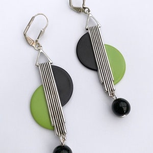 Art Deco Antique Bakelite Green black & chrome earrings modernist jazz age  earrings