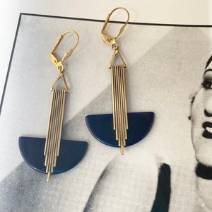 Art Deco Bakelite Earrings: Midnight Blue Galalith, Geometric Jazz Age