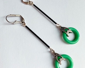 Art Deco Drop Earrings: Green Lucite & Silver Flapper Style