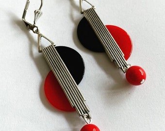 Art Deco earrings vintage Red & black bakelite chrome earrings modernist jazz age art deco earrings bakelite earrings