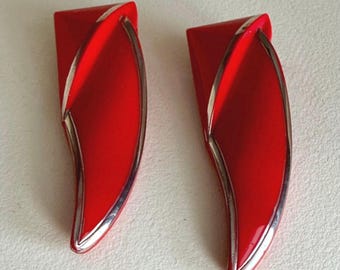 Antique Art Deco Pair of Red & Silver Czech glass Dress clips Modernist